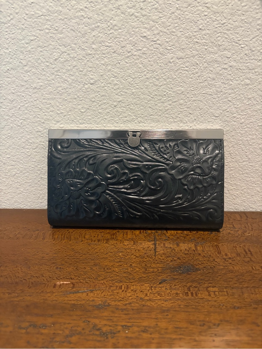 Patricia Nash Black Tooled Leather Floral Clutch Wallet